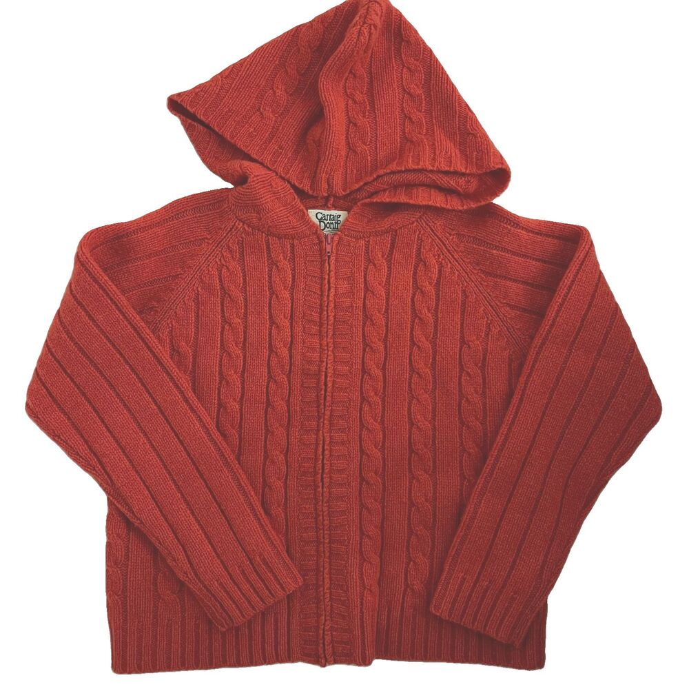 Carraig Donn Cardigan Sweater L Wool Hooded Cable Orange Zip Sweater
